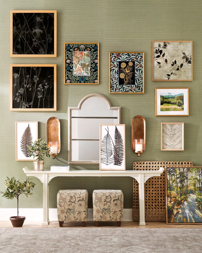 Eclectic botanical gallery wall with mirror