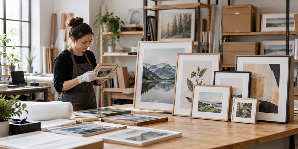 A worker checks framed art samples in several sizes before production.