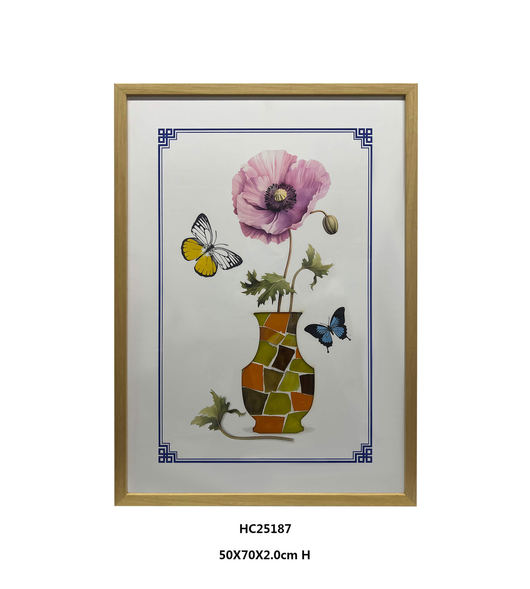 Colorful Floral Glass Vase Wall Art with Butterfly Details（50x70cm）