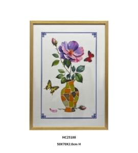 Floral glass vase wall art with a rose and colorful butterflies