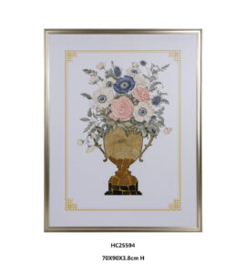 Framed floral glass wall art with blue pink white flowers and gold vase