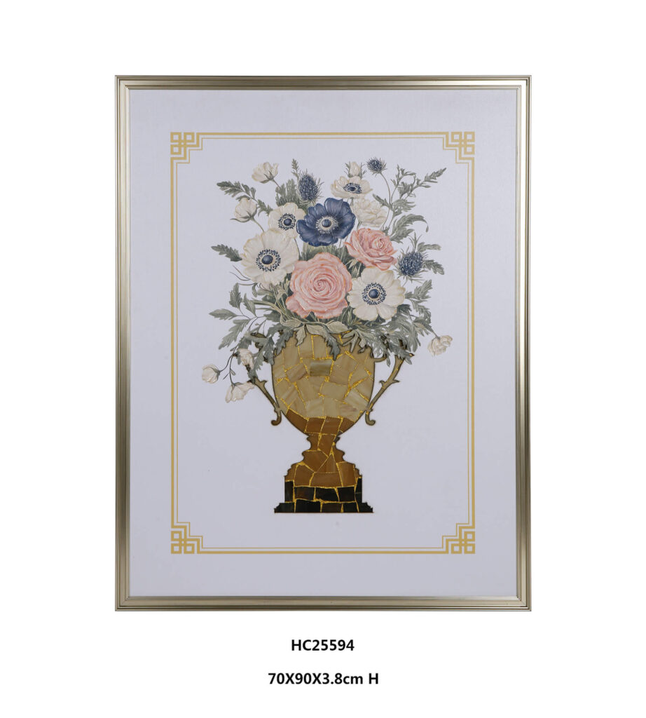 Framed floral glass wall art with blue pink white flowers and gold vase