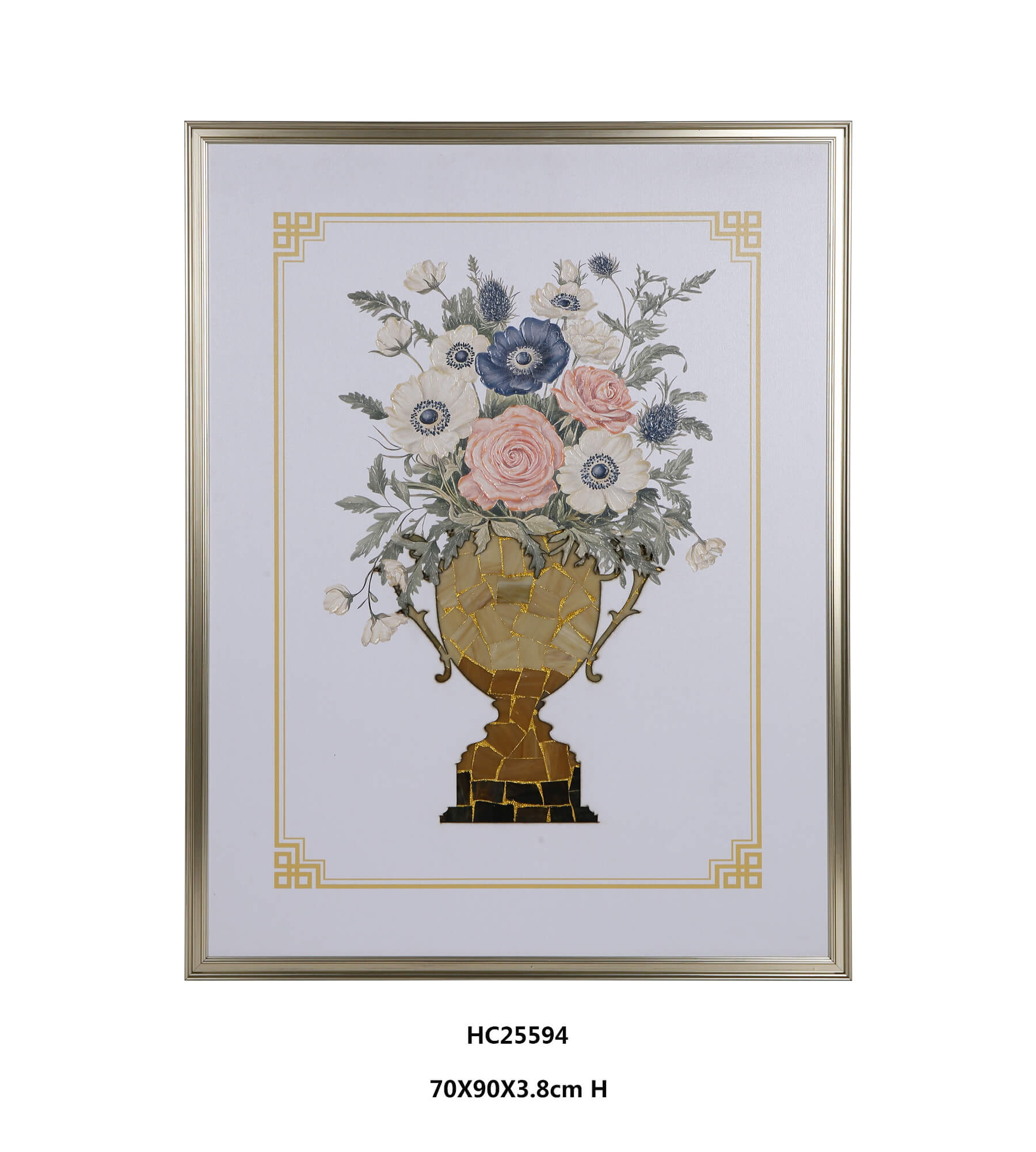Framed floral glass wall art with blue pink white flowers and gold vase