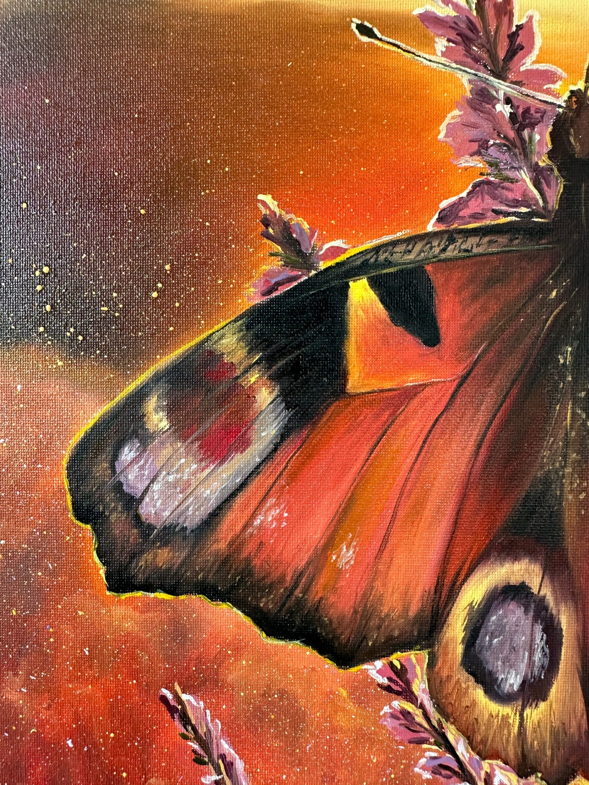 Flower and butterfly oil painting with orange wings and purple flowers