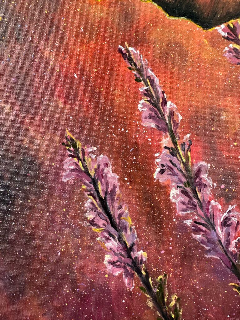 Flower and butterfly oil painting with detailed purple flower stems