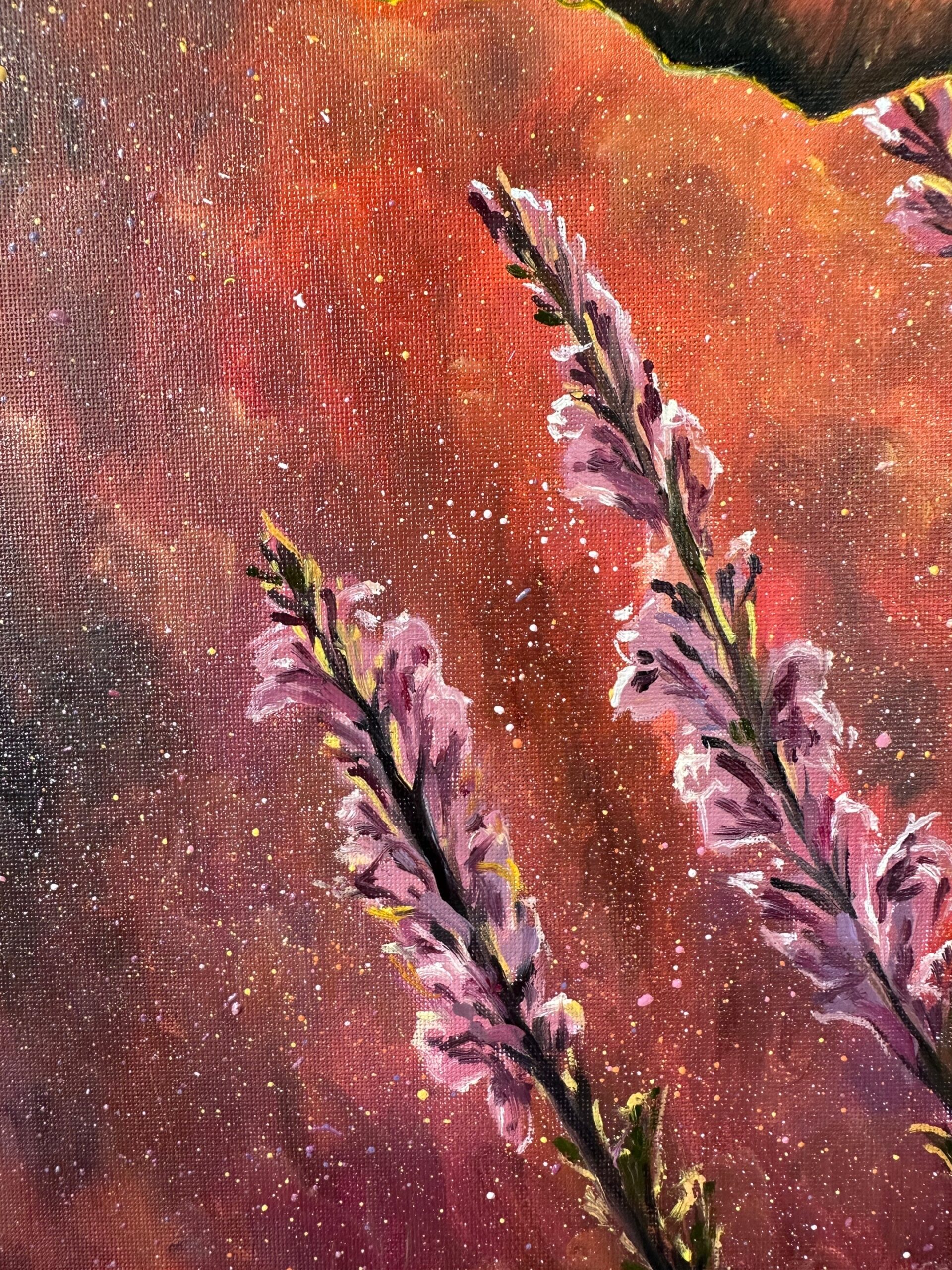 Flower and butterfly oil painting with detailed purple flower stems
