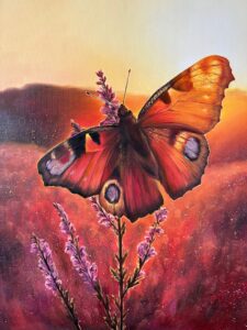 Flower and butterfly oil painting showing visible canvas texture
