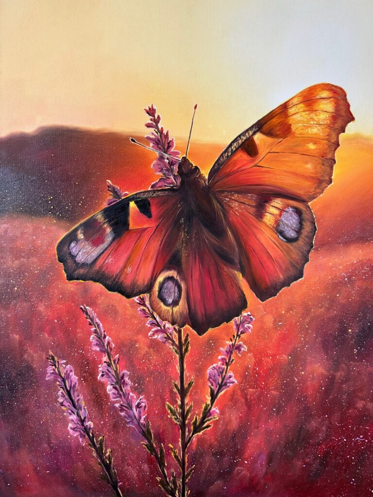 Flower and butterfly oil painting showing visible canvas texture