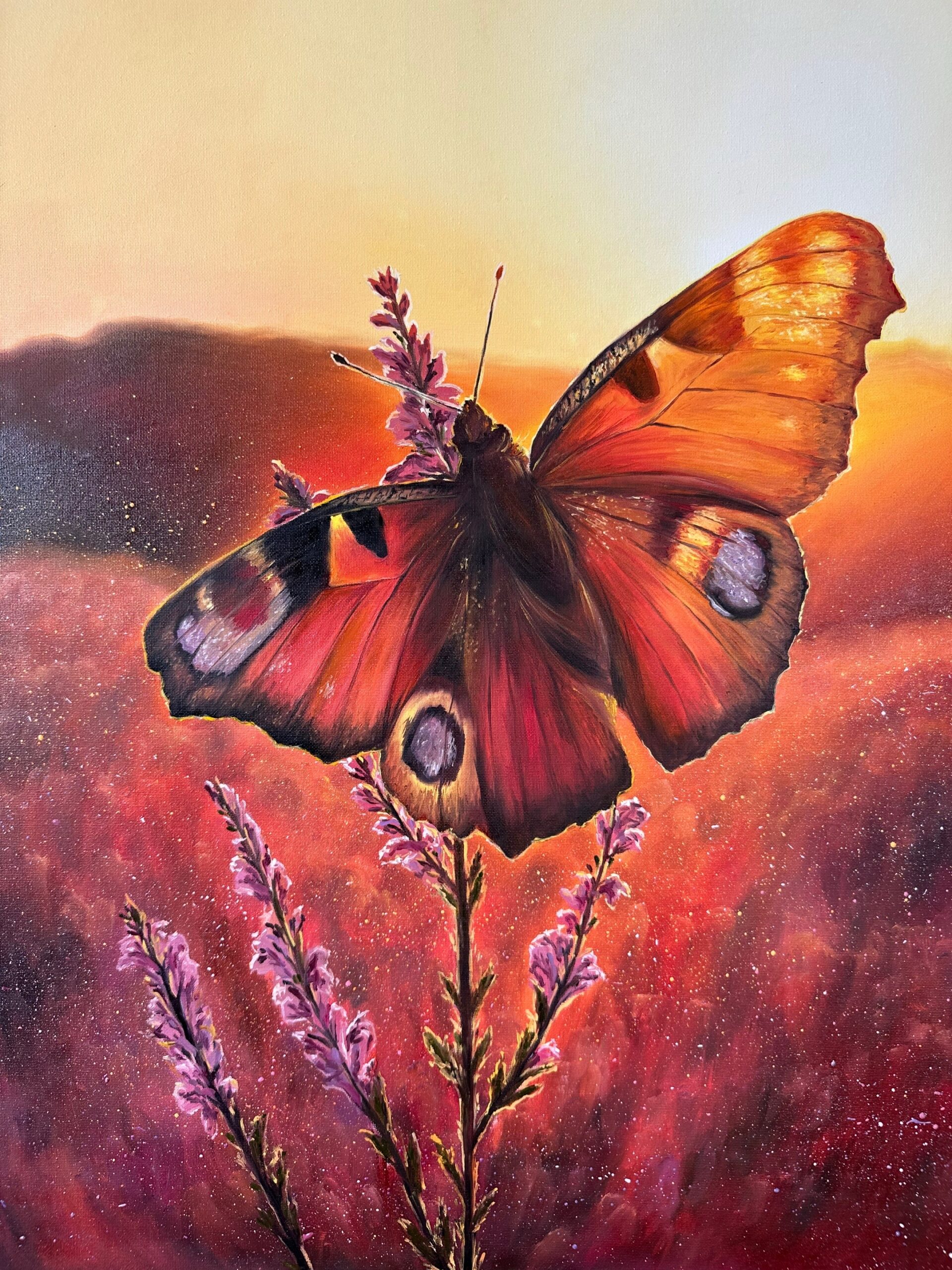 Flower and butterfly oil painting showing visible canvas texture