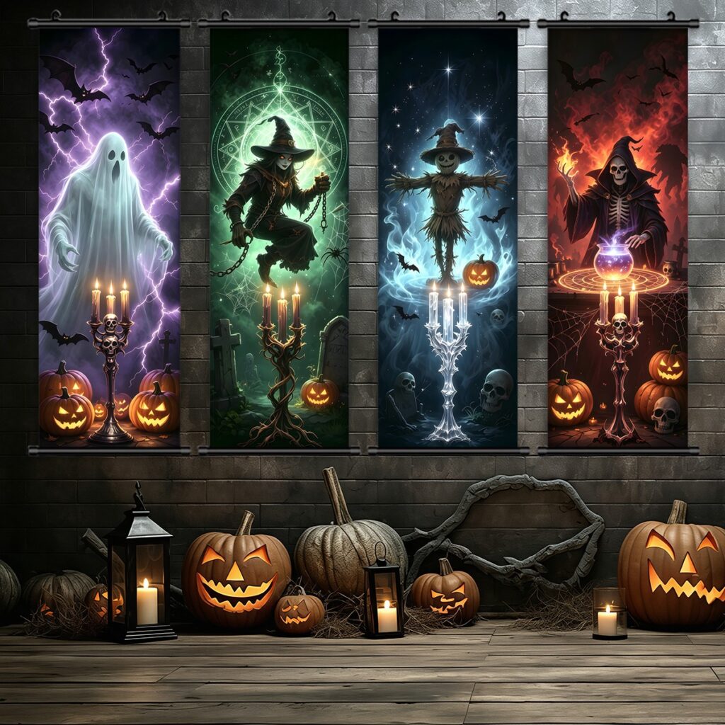 Ghost witch scarecrow and skeleton scrolls on a dark wall