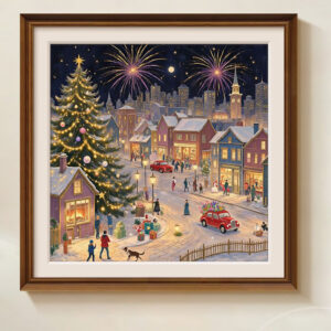 Framed Christmas city wall art with a decorated tree and fireworks