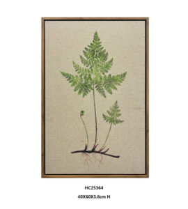 Framed fern wall art with exposed roots on a linen textured surface