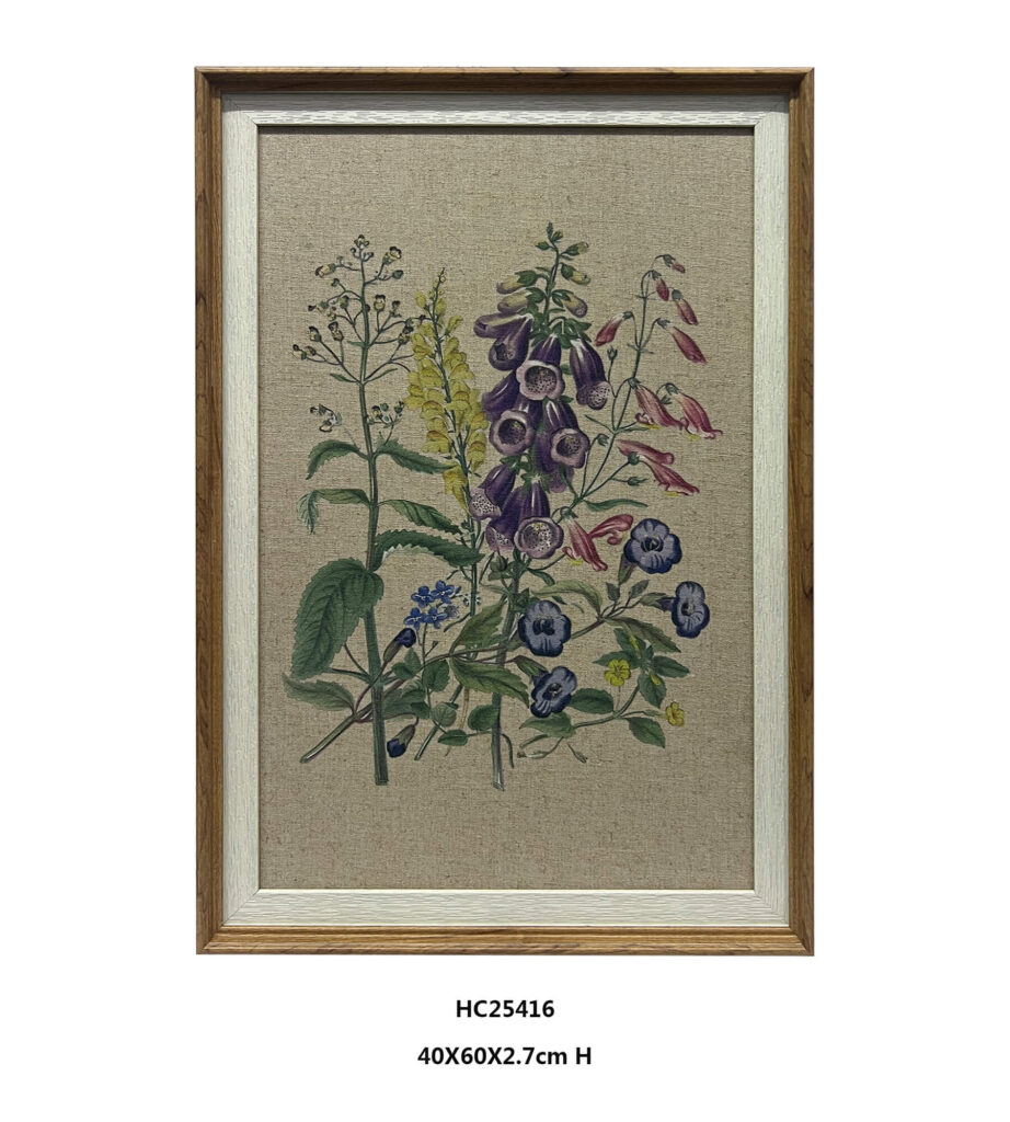 Linen botanical wall art with purple blue and burgundy flowers in a layered frame