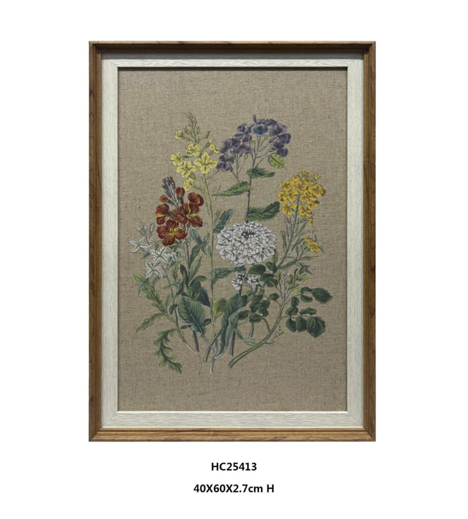 Linen botanical wall art with colorful vintage flowers in a layered brown and white frame
