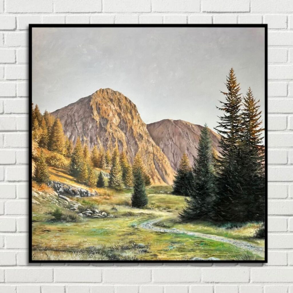 Framed mountain landscape oil painting with golden pines and valley trail