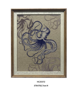 Framed octopus wall art with navy linework on a neutral woven-texture background