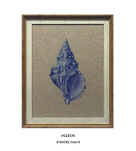 Framed spiral shell wall art in navy blue and neutral tones