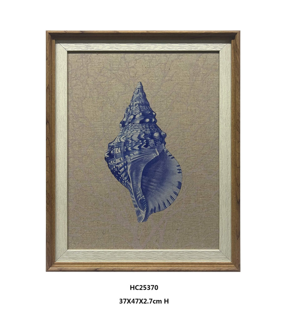 Framed spiral shell wall art in navy blue and neutral tones