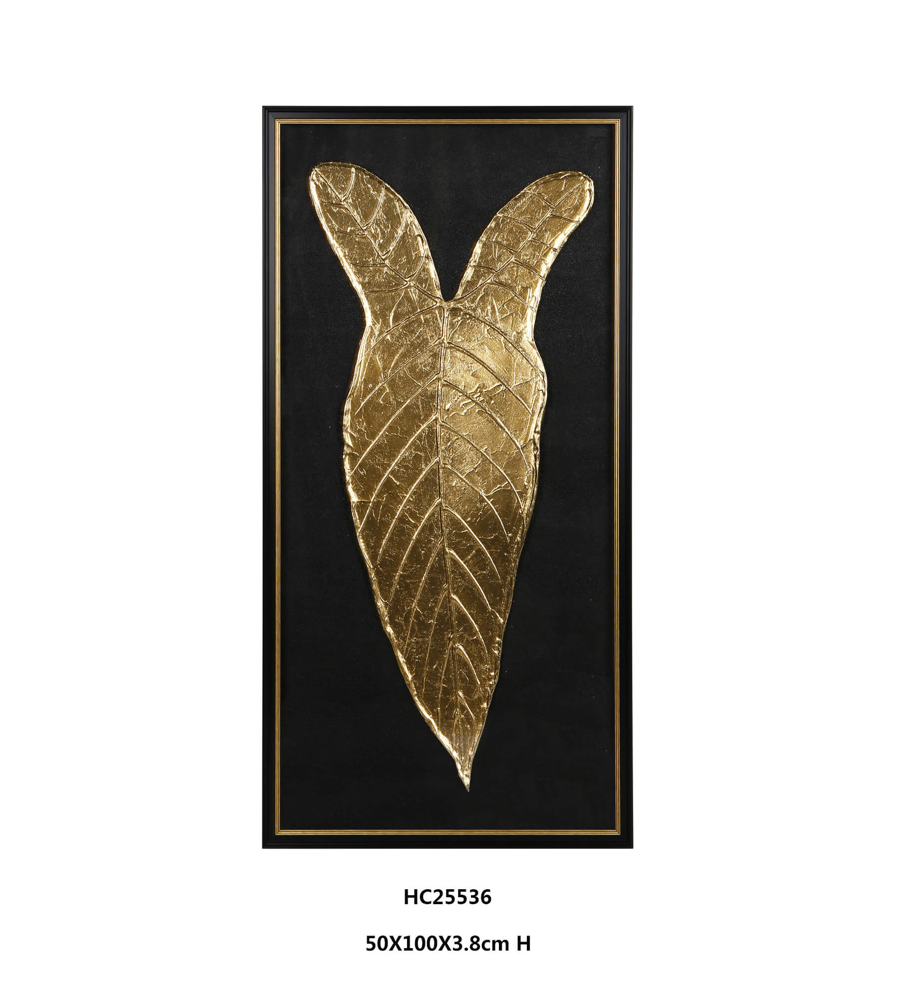 Framed gold metallic leaf wall art on a black background