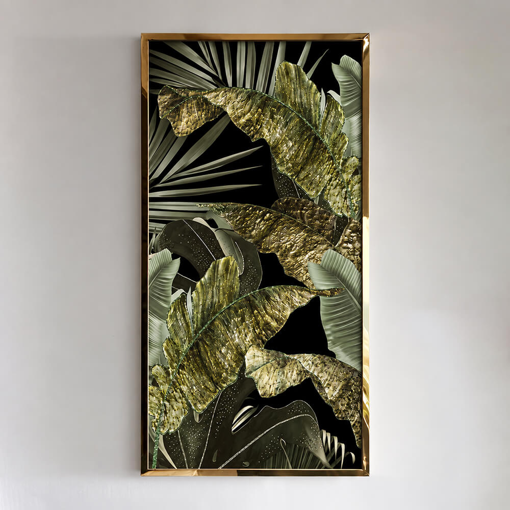 Gold and green tropical leaves with crystal accents