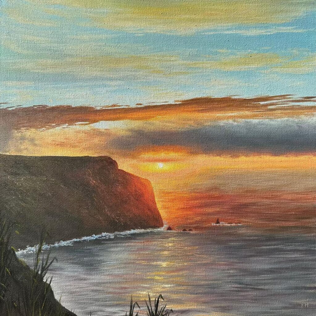 Sunset seascape landscape oil painting with glowing sunset