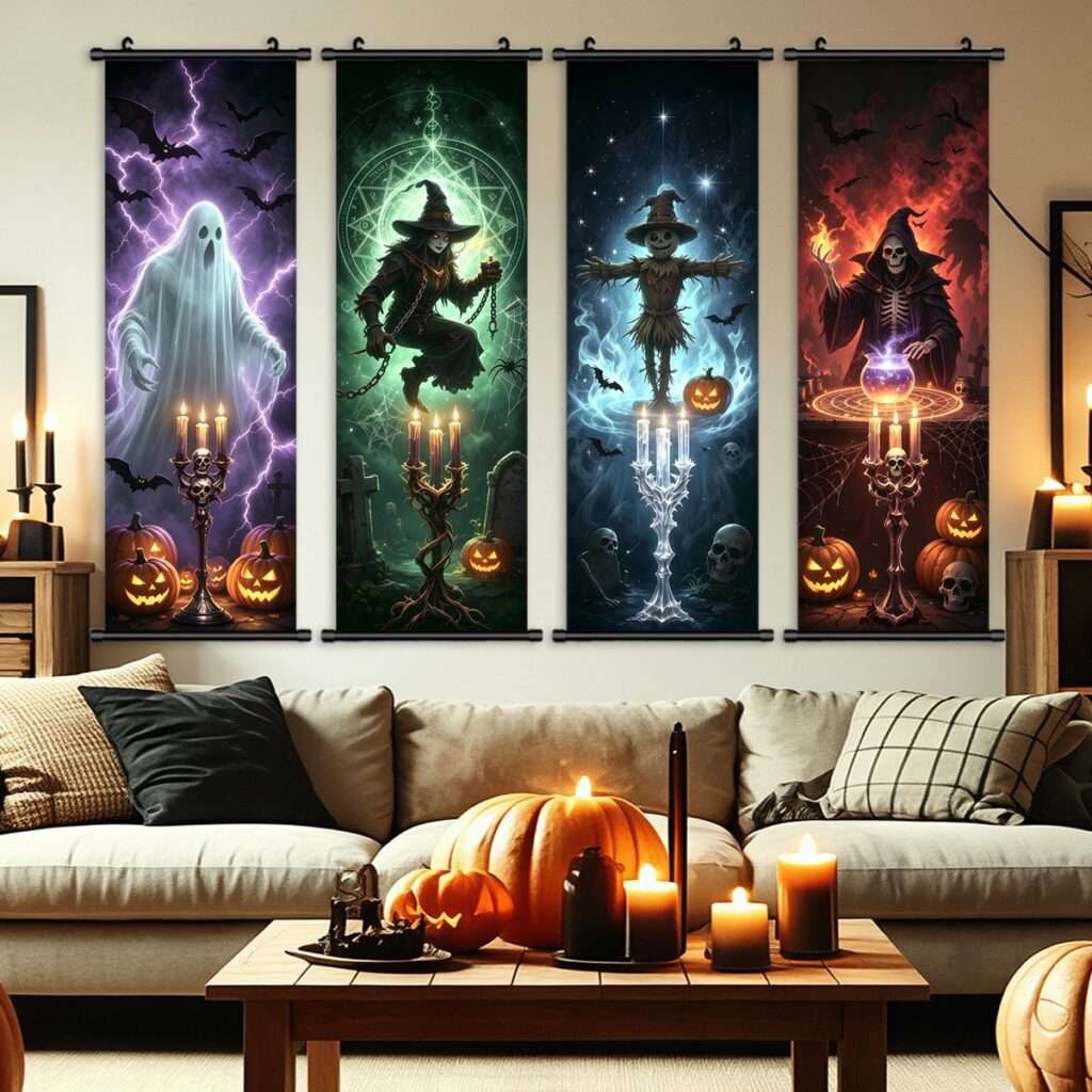 Gothic Halloween canvas scroll set above a living room sofa