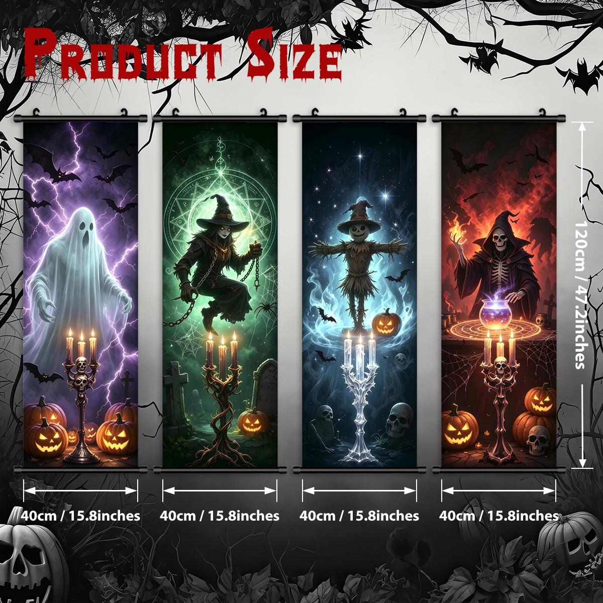 Gothic Halloween Canvas Scroll Set with Ghosts and Skeletons(40×120cm)