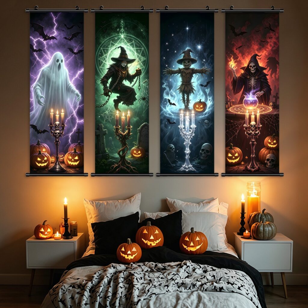 Four spooky Halloween scrolls displayed above a decorated bed