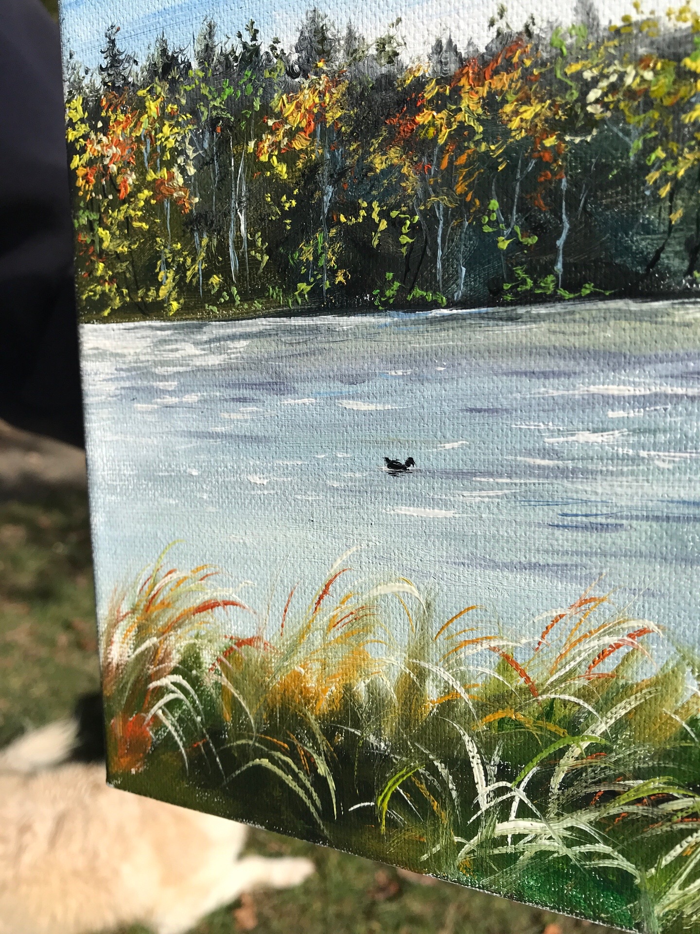 Visible brushwork along the edge of the hand painted lake canvas