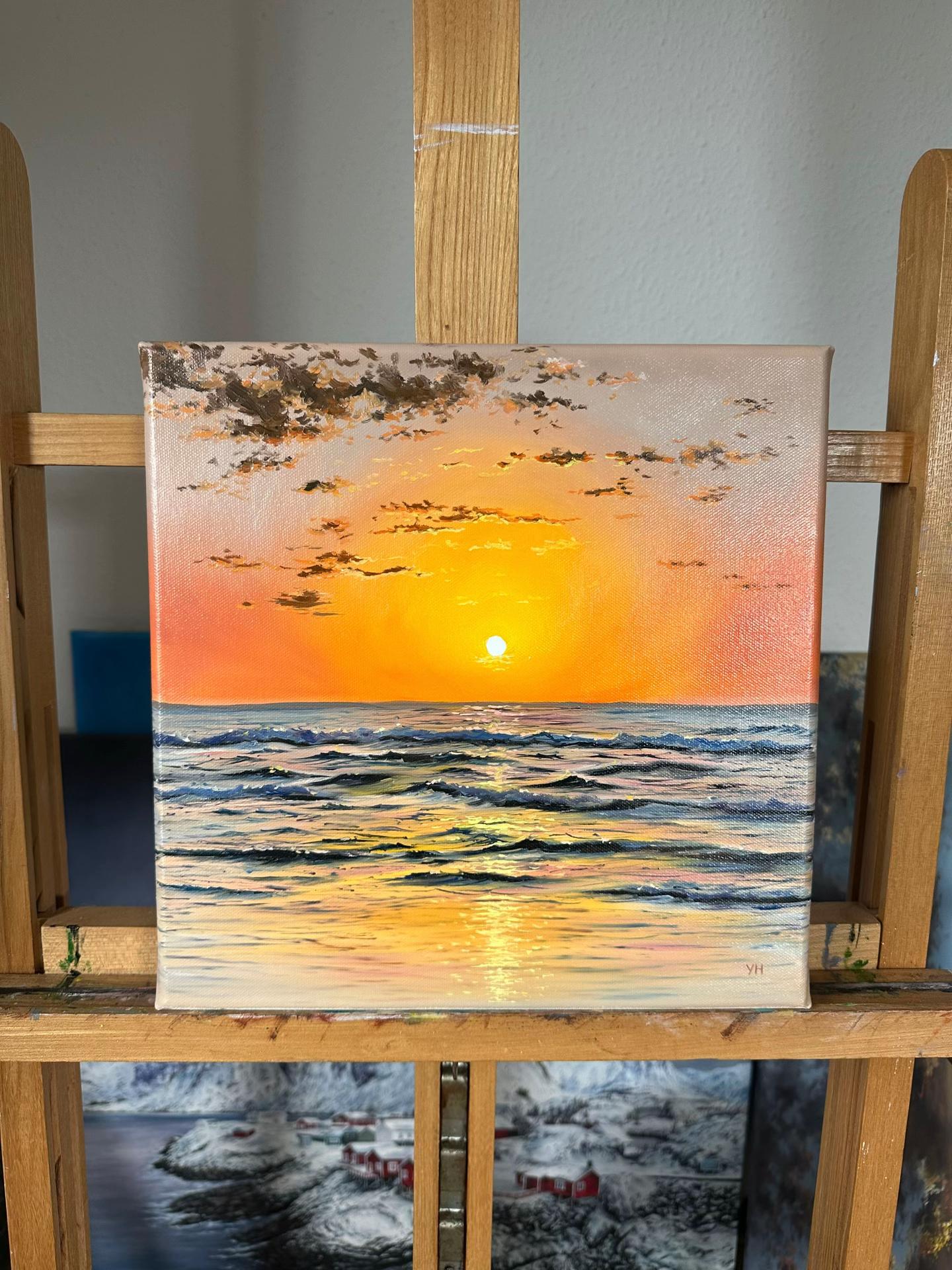Golden Ocean Sunset Painting with Textured Coastal Waves