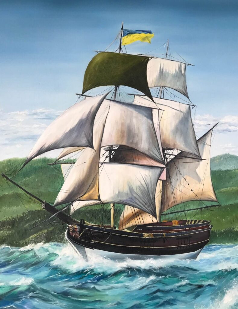 Hand painted sailing ship crossing rolling blue ocean waves
