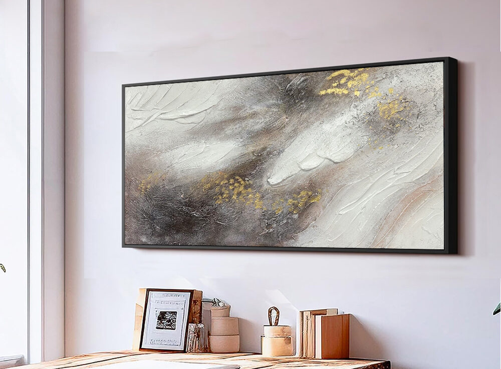 Hand painted textured neutral wall art with gray beige and gold tones