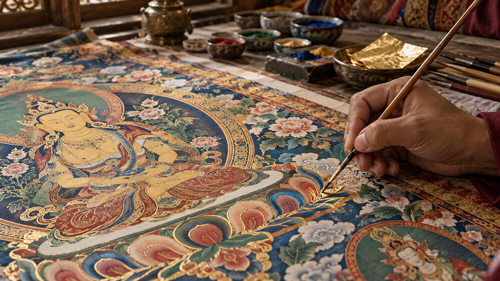 Side by side Thangka paintings show differences in linework, color layers, and ornament.