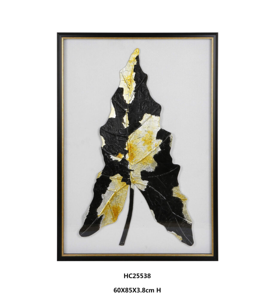 Framed 3D gold foil leaf wall art in black white and gold