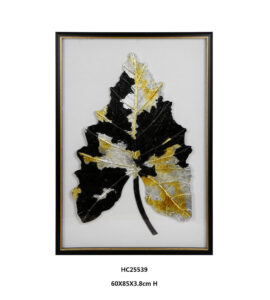 Vertical botanical wall art with raised gold foil and black white leaf shapes