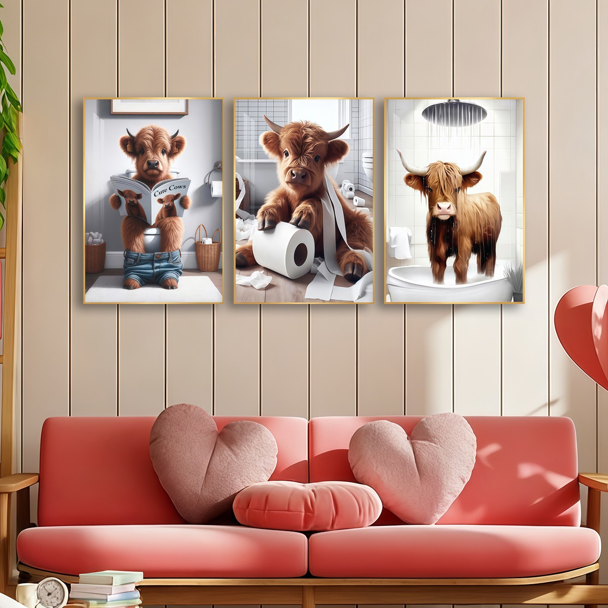 Whimsical Highland Cow Bathroom Canvas Wall Art Set of 3 with Playful Farmhouse Style(30×45cm)