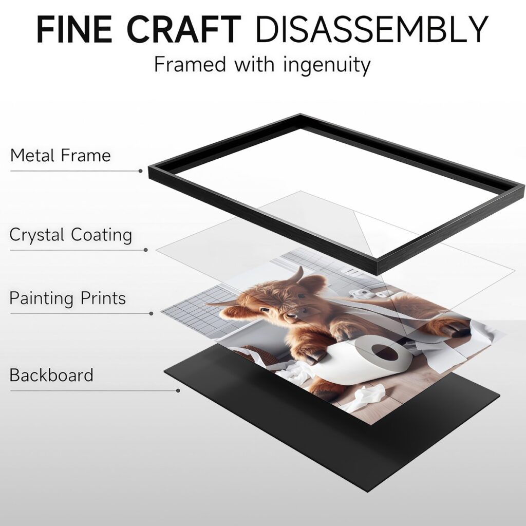 Highland cow canvas wall art layers with metal frame crystal coating and backboard