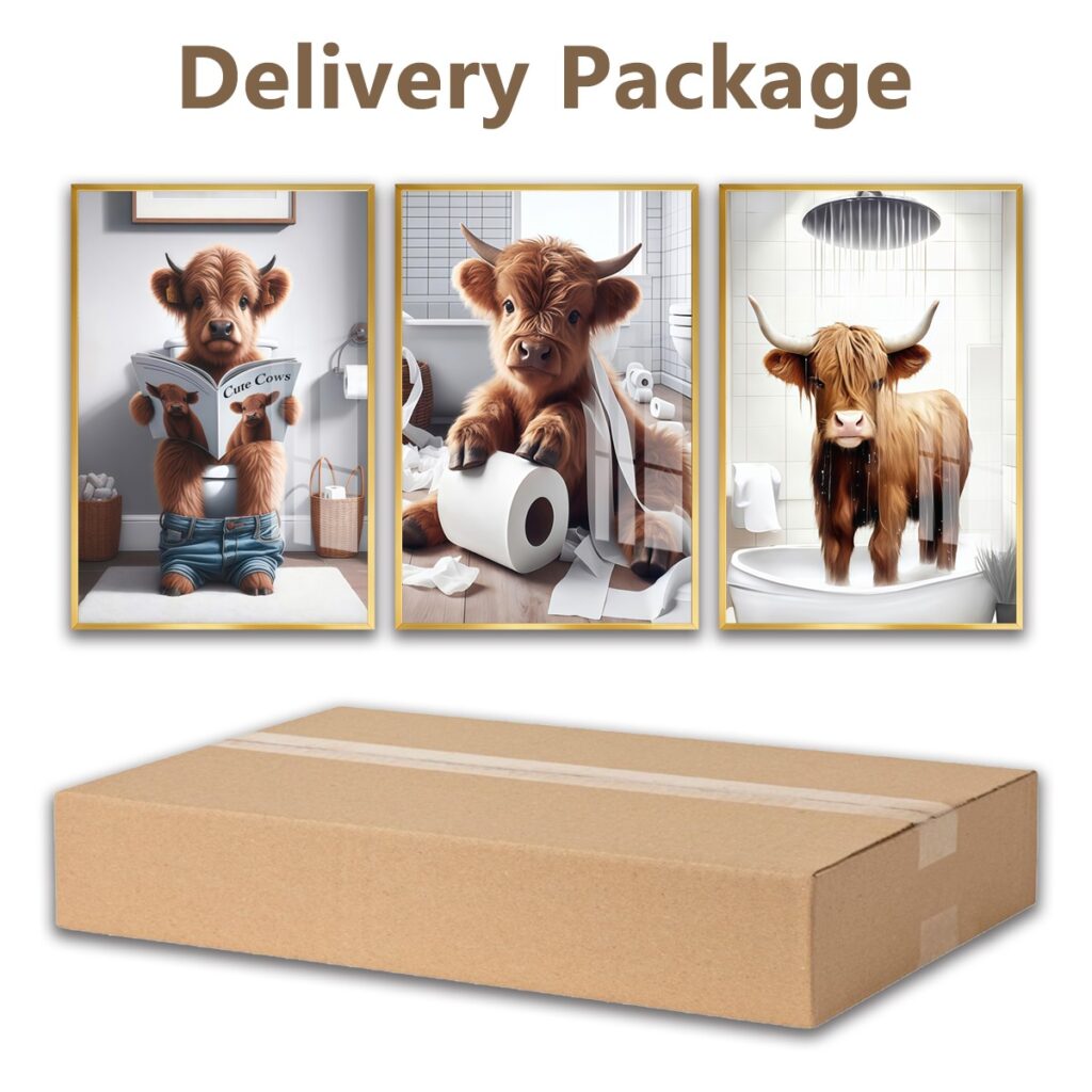 Highland cow bathroom canvas wall art set with protective delivery package