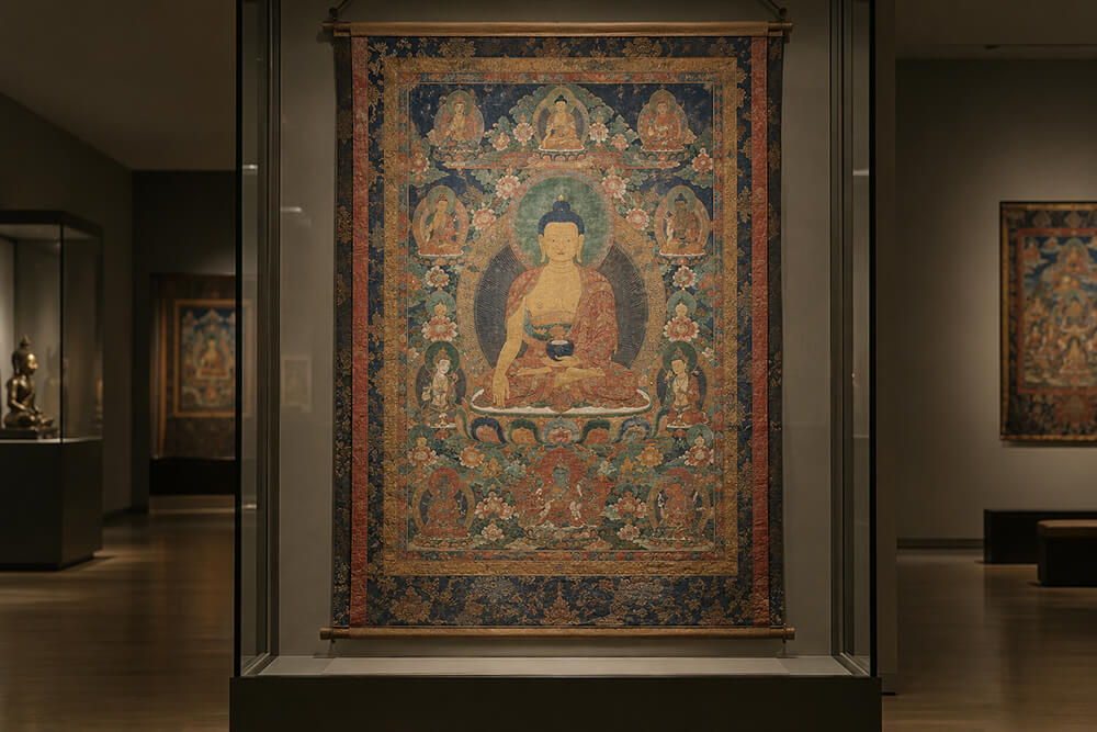 A historic Thangka displayed in a softly lit museum gallery