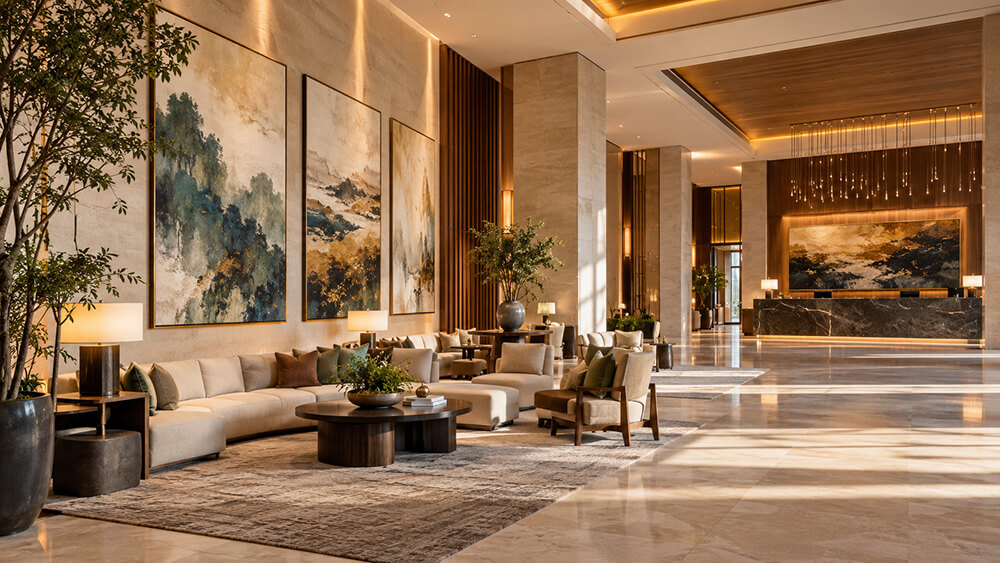 Large coordinated wall art displayed in a contemporary hotel lobby.