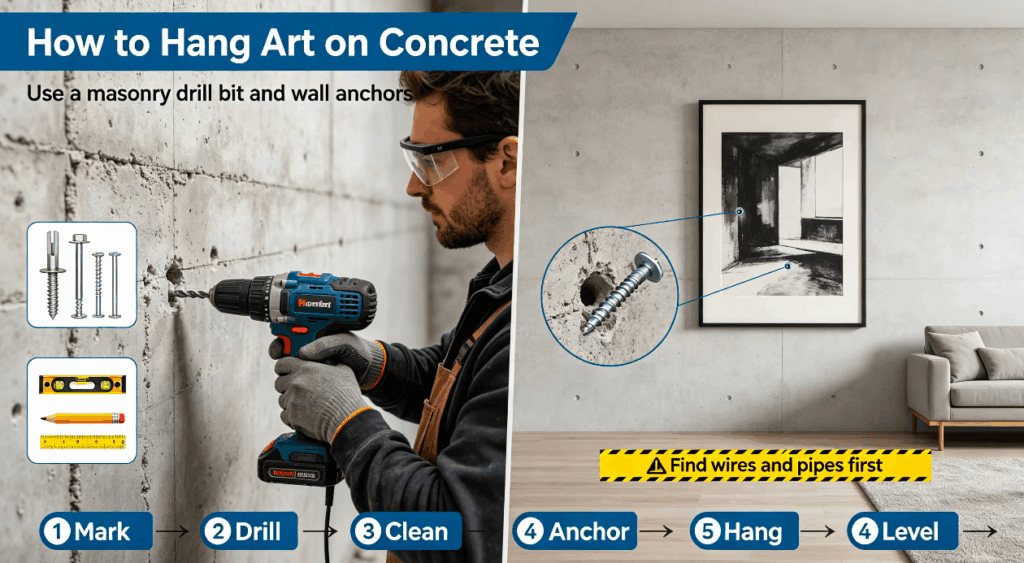 How to hang art on a concrete wall with a drill and wall anchors