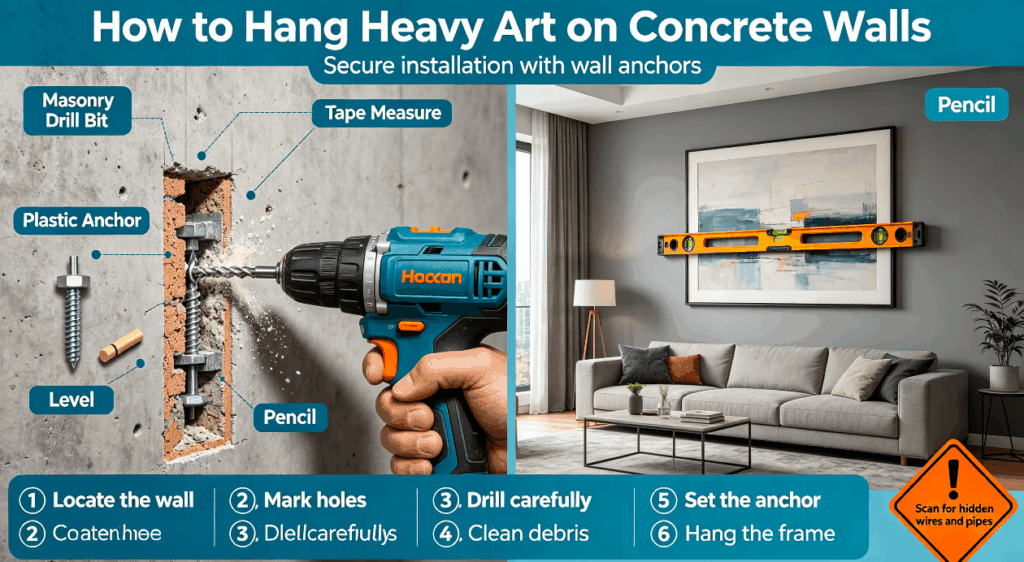How to hang art on a concrete wall for heavy framed artwork