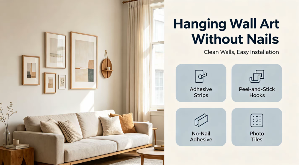 How to hang wall art without nails using four damage free methods
