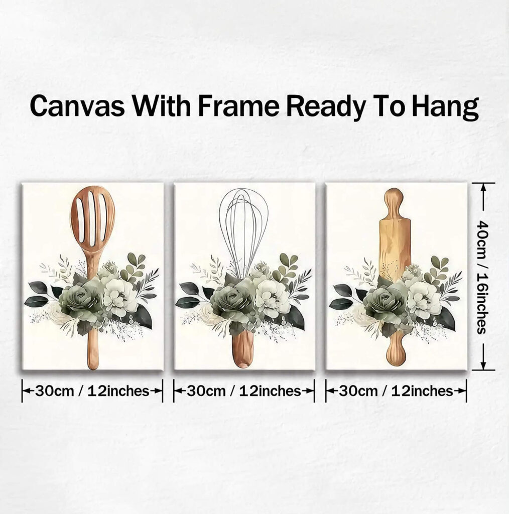 Three piece kitchen canvas wall art measuring 12 by 16 inches