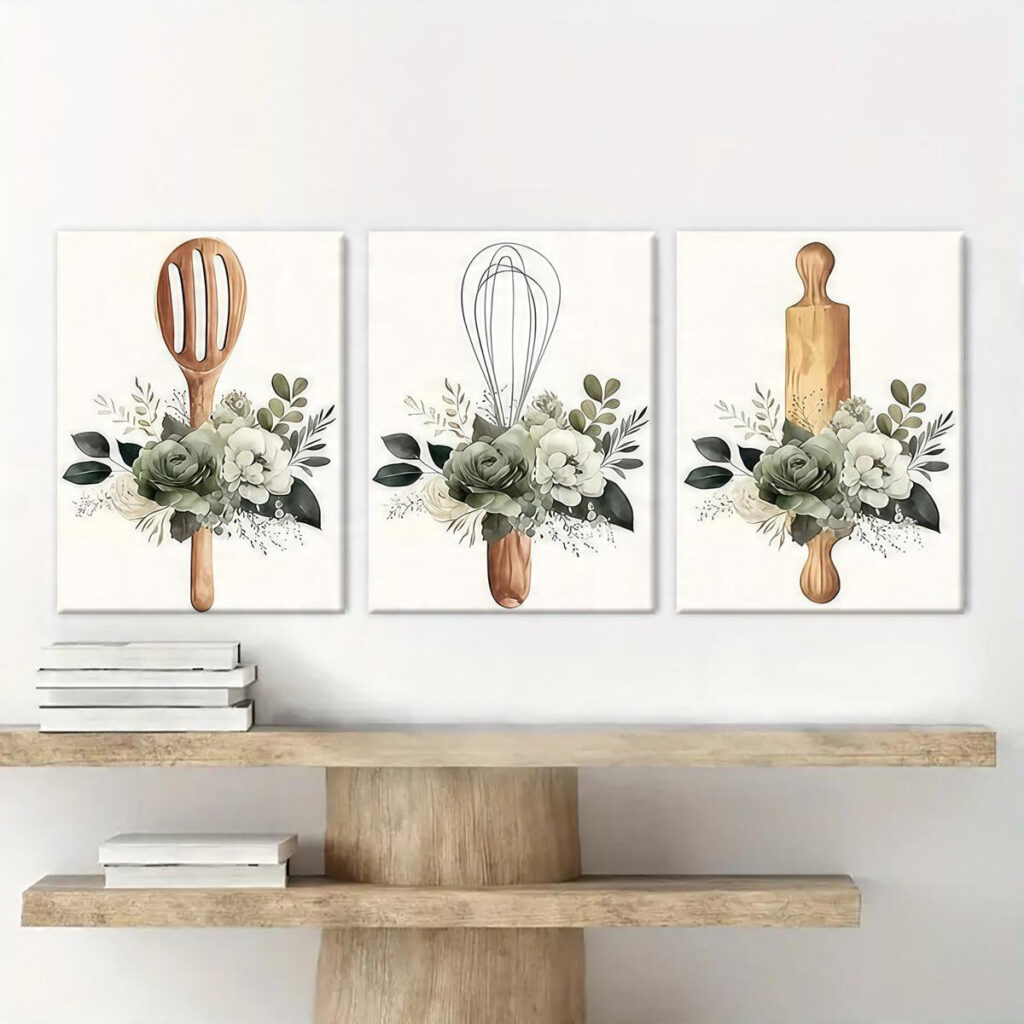 Kitchen utensil canvas wall art displayed above natural wood wall shelves