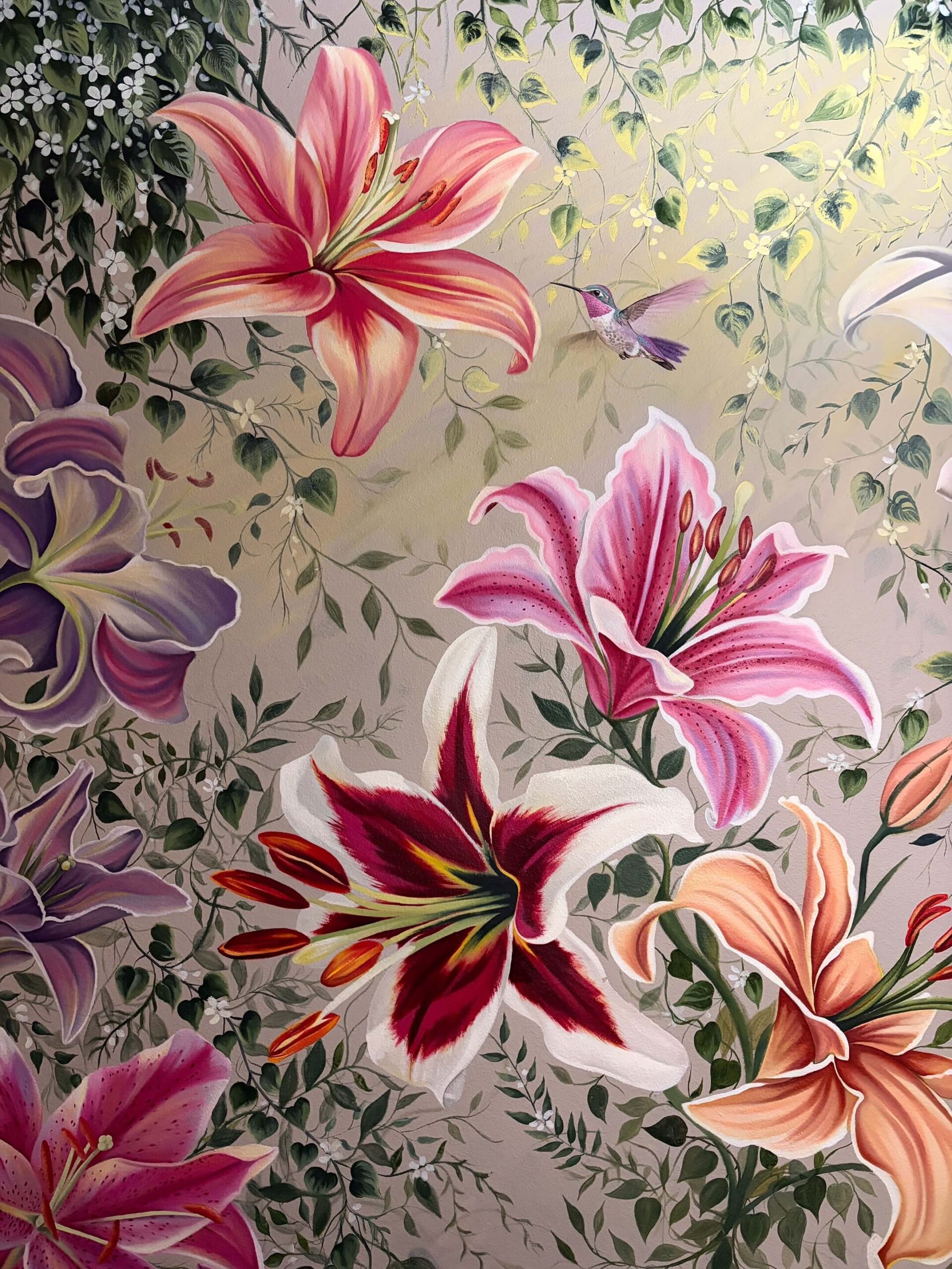 Lily Flower and Hummingbird Oil Painting in a large botanical composition