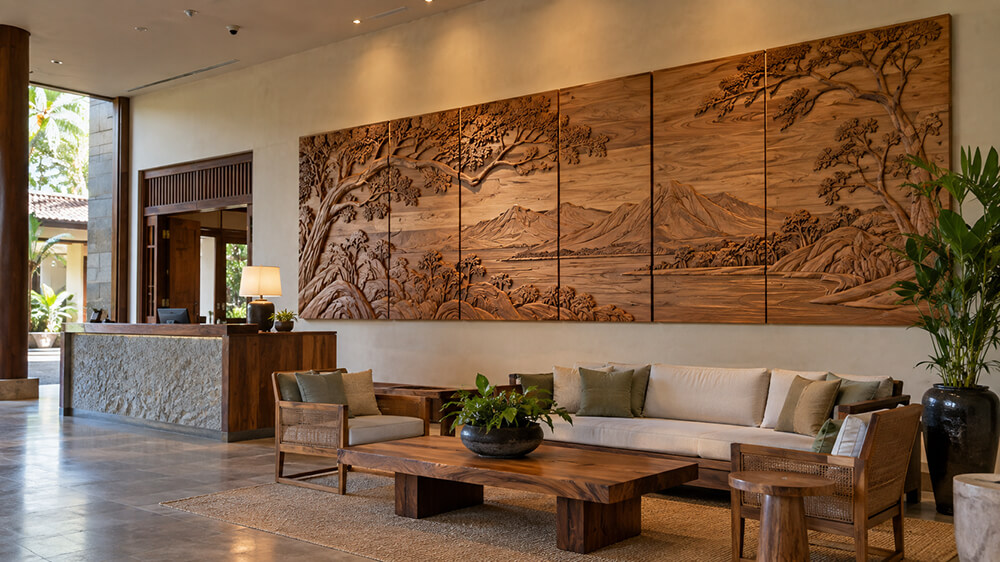 Large modular wood relief wall in a hotel lobby