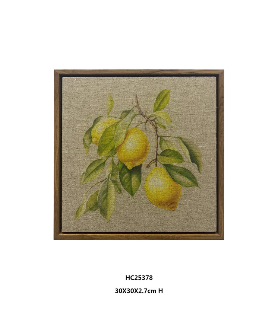 Framed lemon branch wall art with leafy citrus branch