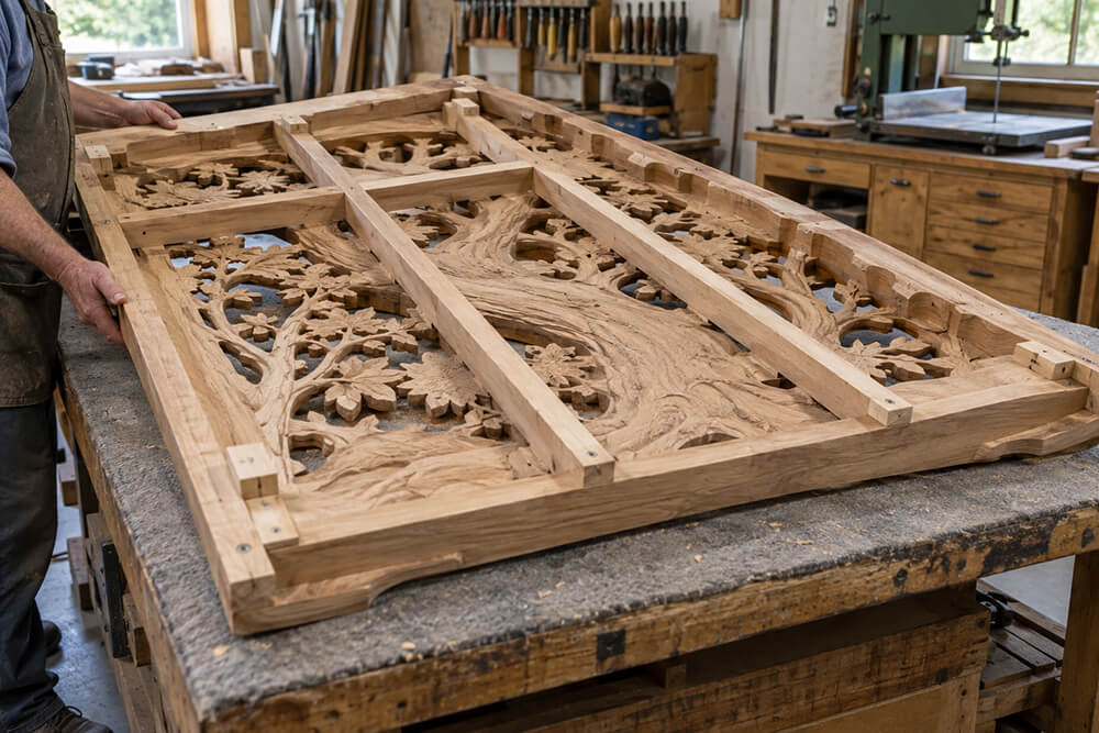 Back support frame on a large openwork carved wood panel