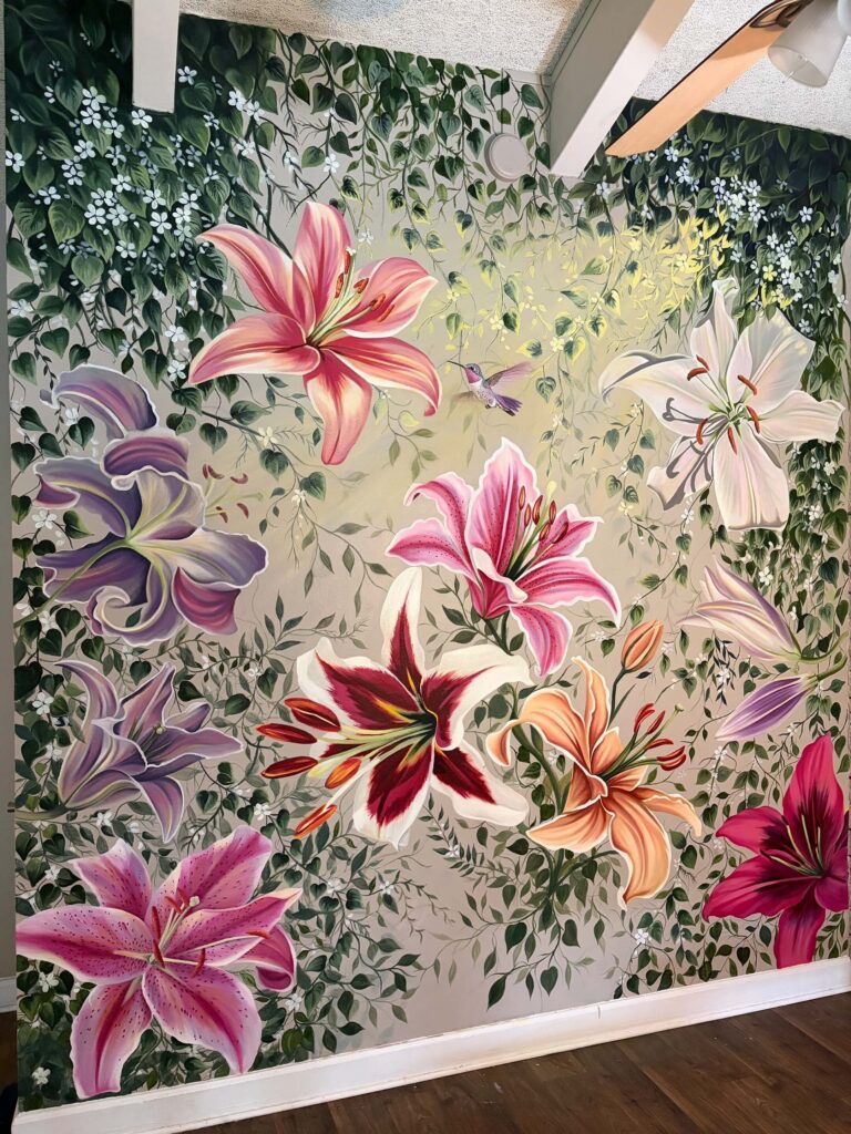 Lily Flower and Hummingbird Oil Painting with vibrant floral detail